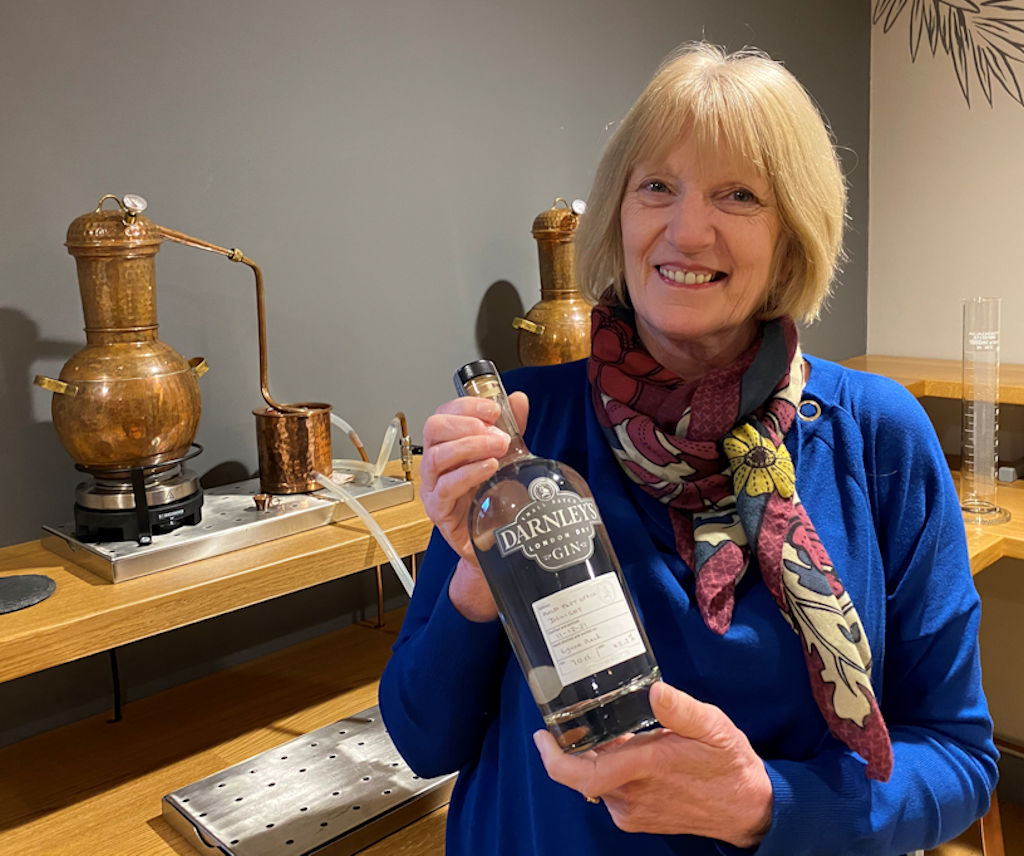 Lynne with the finished bottle of gin